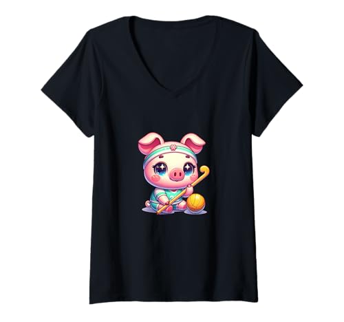 Damen Süßes Schwein Feldhockey Spieler Cartoon Kinder T-Shirt mit V-Ausschnitt Damen Süßes Schwein Feldhockey Spieler Cartoon Kinder T-Shirt mit V-Ausschnitt von Feldhockey Schweinchen Niedlich Sport Kinder