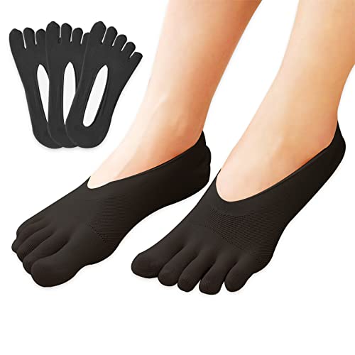 Feliciay 3 Paar Zehen-FüNf-Finger-Socken, Keine Sichtbare Kompression Atmungsaktiv Rutschfest Niedrig Geschnittener Liner Abstandshalter Bootssocken Volle Zehe Yoga-Socken FüR Frauen (Schwarz) von Feliciay