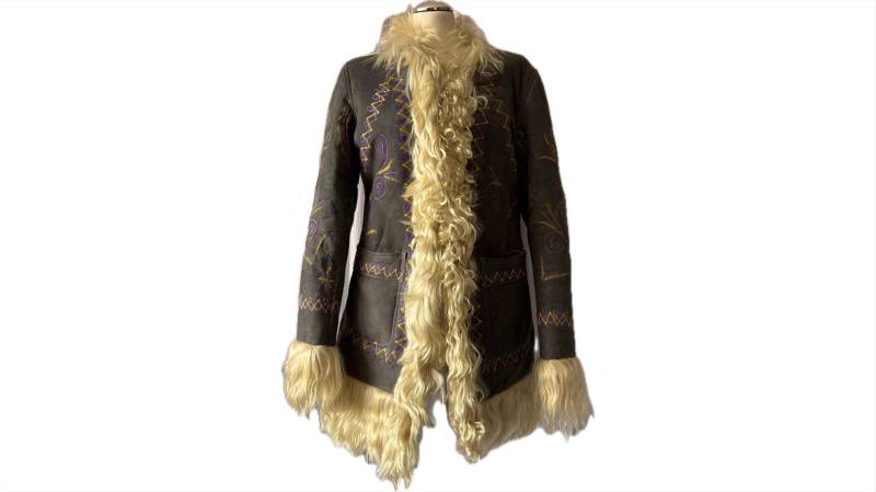 70S Afghan Jacket Lila-Grau Lammfelljacke Mit Stickerei 70Er Jahre S/M Hippie Boho von FelicitasEnkel