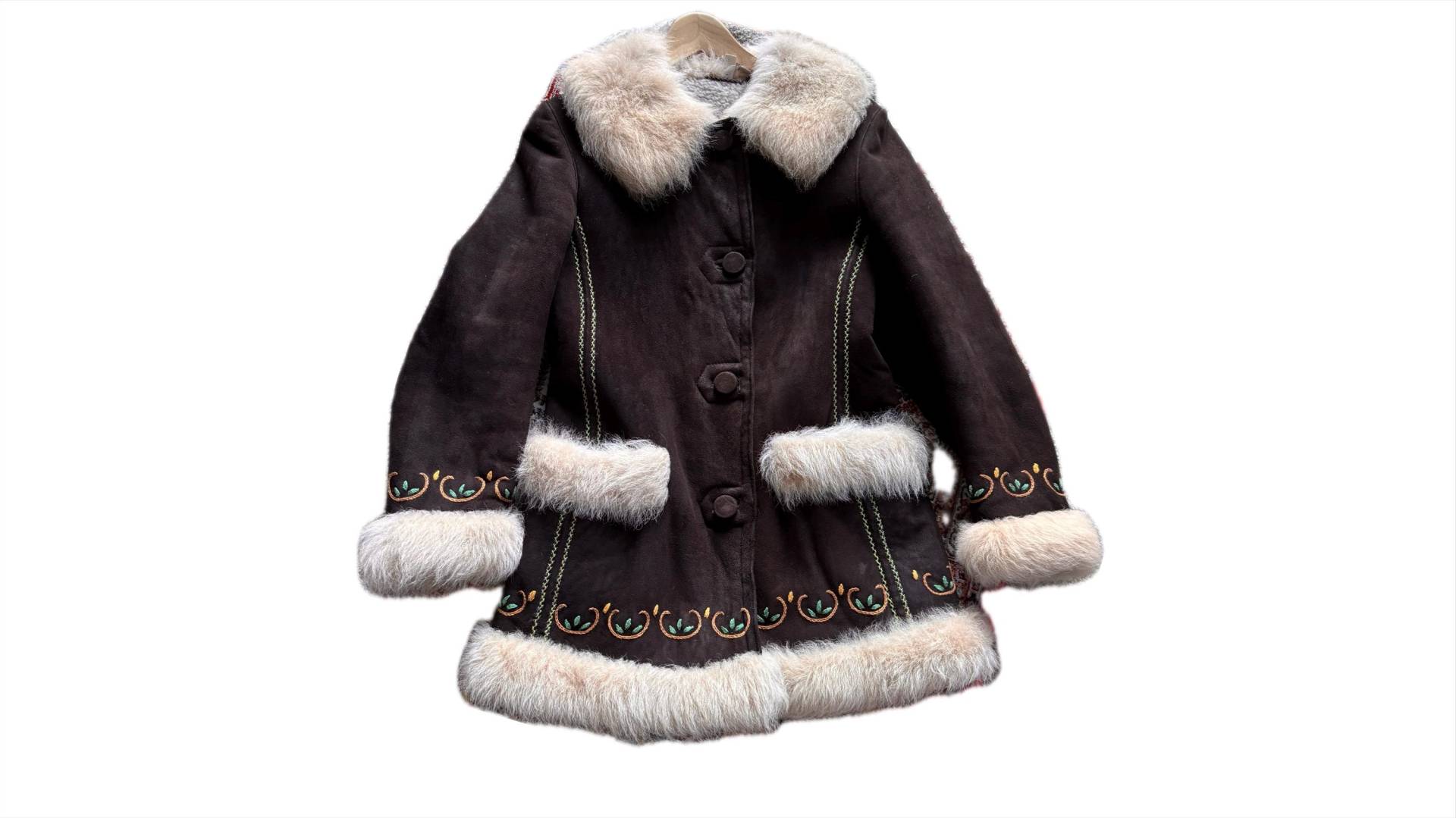 70S Suede Wildleder Lammfelljacke Folklore Mit Stickerei S Dunkelbraun von FelicitasEnkel