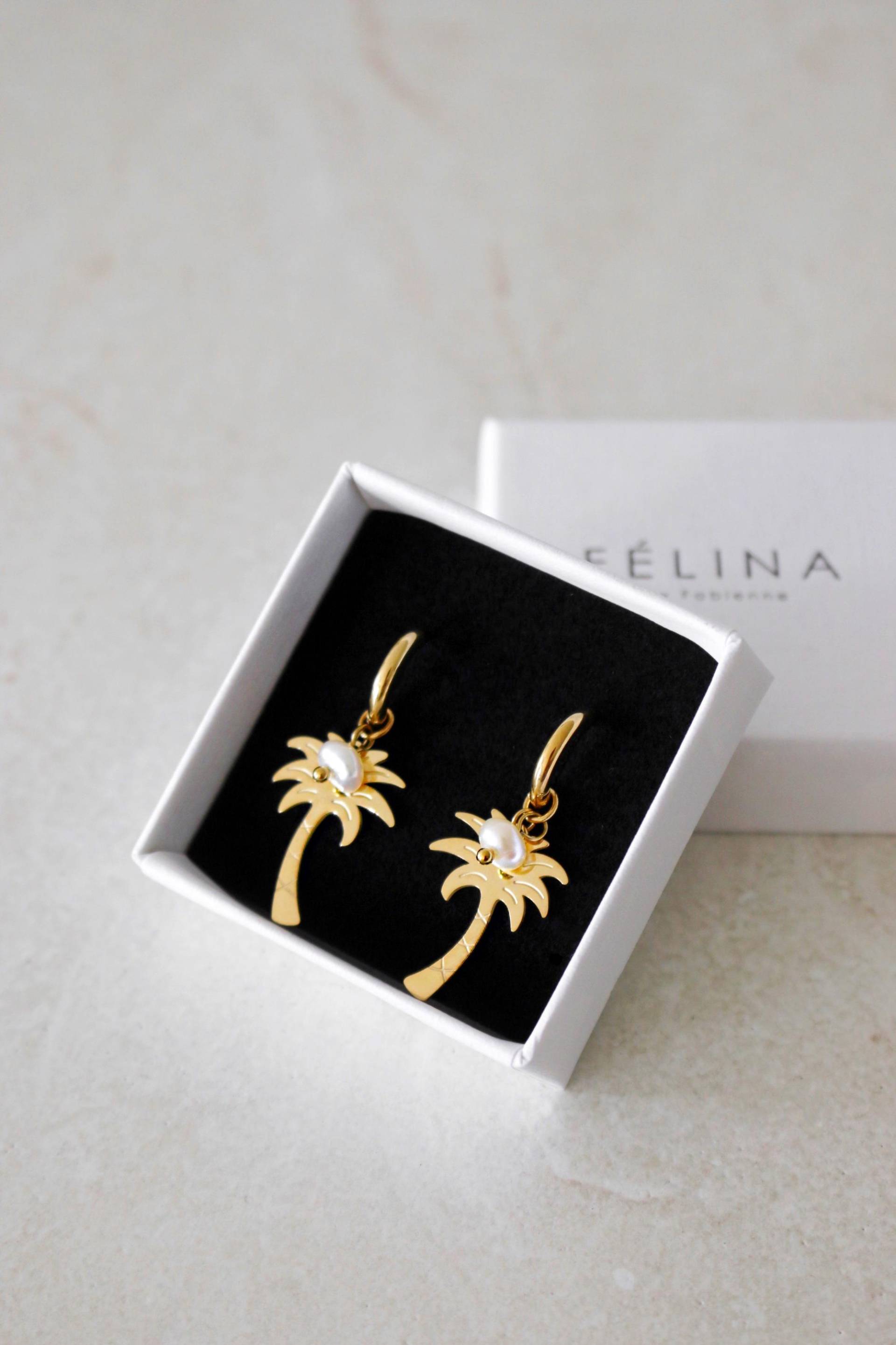 Creolen Mit Palmen-Anhänger I 14K Vergoldung Edelstahl Wasserfest Palmen Ohrringe - Félina By Fabienne von Felinabyfabienne