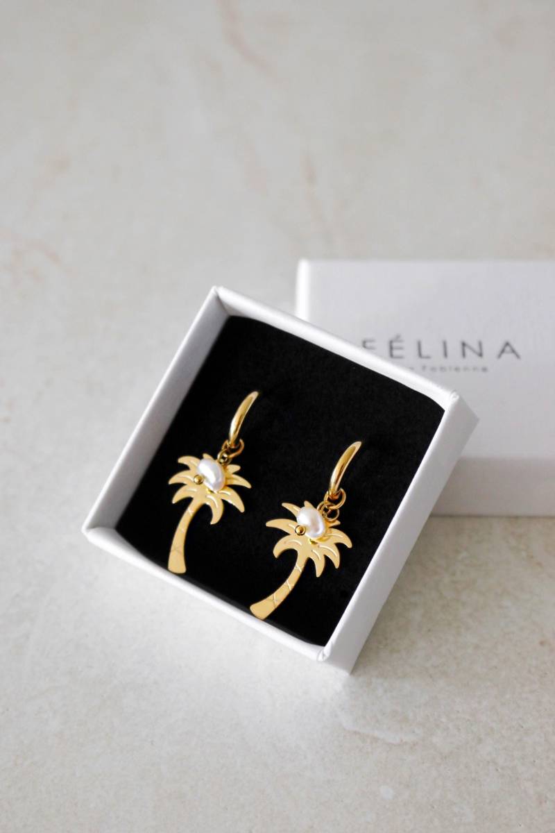 Creolen Mit Palmen-Anhänger I 14K Vergoldung Edelstahl Wasserfest Palmen Ohrringe - Félina By Fabienne von Felinabyfabienne