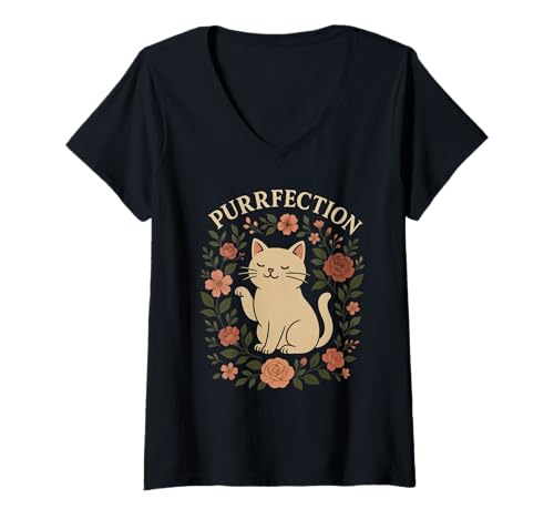Damen Purrfection Katzen-Wortspiel mit Blumenmuster, niedliches Humor-Design T-Shirt mit V-Ausschnitt von Feline, Friends Floral Apparel for Cat, Lovers