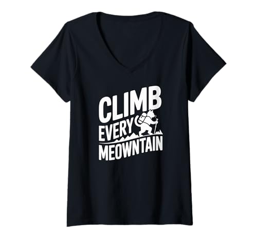 Damen Climb Every Meowntain Katzenwanderer Design T-Shirt mit V-Ausschnitt Damen Climb Every Meowntain Katzenwanderer Design T-Shirt mit V-Ausschnitt von Feline Adventure Enthusiast Hiking Cat Puns