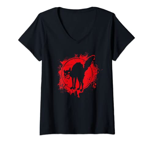 Damen Schwarze Katze Revolution T-Shirt mit Anarchie-Symbol T-Shirt mit V-Ausschnitt Damen Schwarze Katze Revolution T-Shirt mit Anarchie-Symbol T-Shirt mit V-Ausschnitt von Feline Anarchist Symbols