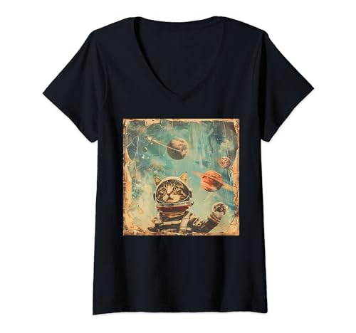 Damen Astronaut Fantasy Planet Exploration Kitten im Vintage-Stil T-Shirt mit V-Ausschnitt von Feline Animal Kitty Friends Enthusiasts