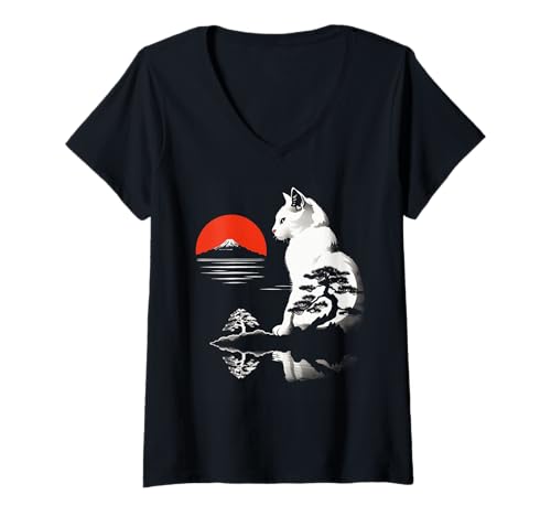 Damen Japanische Kunst Silhouette Sonnenuntergang Bonsai Baum Mount Fuji Katze T-Shirt mit V-Ausschnitt Damen Japanische Kunst Silhouette Sonnenuntergang Bonsai Baum Mount Fuji Katze T-Shirt mit V-Ausschnitt von Feline Animal Kitty Friends Enthusiasts