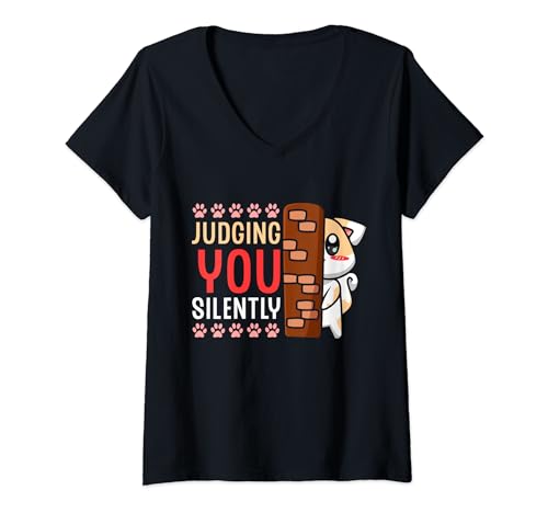 Damen Judging You Silently Kätzchen-Silhouette, Pfote, niedliche Katze T-Shirt mit V-Ausschnitt Damen Judging You Silently Kätzchen-Silhouette, Pfote, niedliche Katze T-Shirt mit V-Ausschnitt von Feline Animal Kitty Friends Enthusiasts