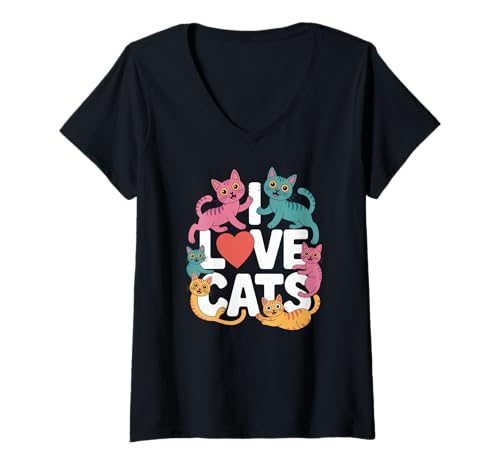 Damen I Love Cats Verspieltes Kätzchen-Design T-Shirt mit V-Ausschnitt Damen I Love Cats Verspieltes Kätzchen-Design T-Shirt mit V-Ausschnitt von Feline Enthusiast Expressions