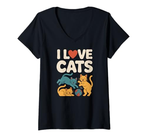 Damen I Love Cats Playful Kittens Garnknäuel T-Shirt mit V-Ausschnitt Damen I Love Cats Playful Kittens Garnknäuel T-Shirt mit V-Ausschnitt von Feline Enthusiasts Whiskers Collective