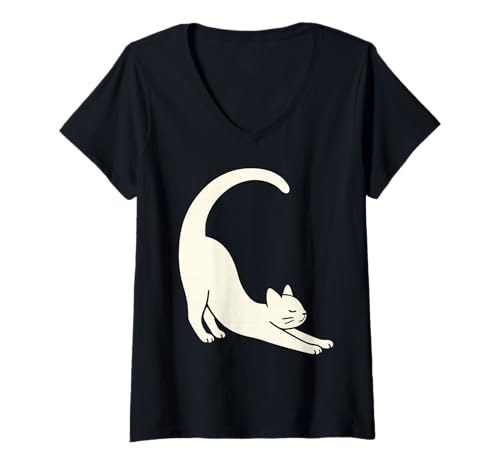 Damen Dehnende Katze Minimal Line Art Retro Pet Graphic Design T-Shirt mit V-Ausschnitt Damen Dehnende Katze Minimal Line Art Retro Pet Graphic Design T-Shirt mit V-Ausschnitt von Feline Flux