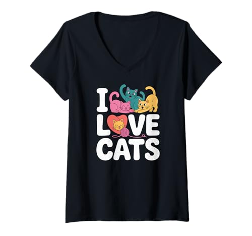 Damen I Love Cats Buntes süßes Kätzchen-Herzgarn T-Shirt mit V-Ausschnitt Damen I Love Cats Buntes süßes Kätzchen-Herzgarn T-Shirt mit V-Ausschnitt von Feline Friends Enthusiasts Purr Lovers