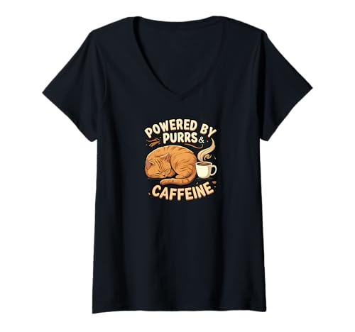 Damen Powered by Purrs & Caffeine Cat Lover Coffee Design T-Shirt mit V-Ausschnitt Damen Powered by Purrs & Caffeine Cat Lover Coffee Design T-Shirt mit V-Ausschnitt von Feline Fuel Caffeine Cat Apparel