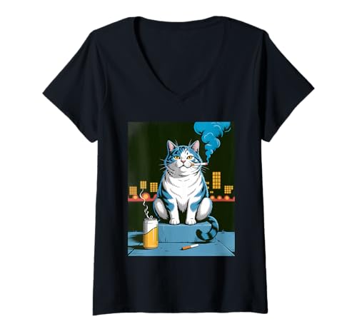 Damen Cool Cat Meme Smokin Zigarette & Bier Humor T-Shirt mit V-Ausschnitt Damen Cool Cat Meme Smokin Zigarette & Bier Humor T-Shirt mit V-Ausschnitt von Feline Fun For Cat Enthusiasts Smoking Cat Apparel