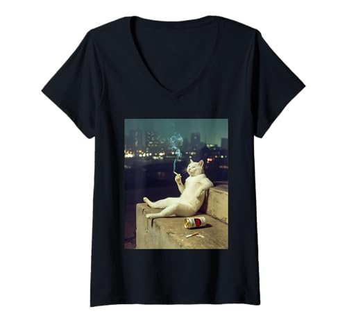 Damen Rauchende Katze Meme Lustiger Katzenliebhaber Humor T-Shirt mit V-Ausschnitt Damen Rauchende Katze Meme Lustiger Katzenliebhaber Humor T-Shirt mit V-Ausschnitt von Feline Fun For Cat Enthusiasts Smoking Cat Apparel