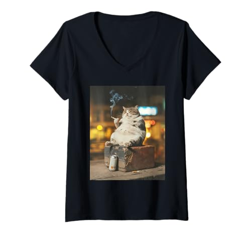Damen Rauchende Katze mit Bier und Zigarette Humor T-Shirt mit V-Ausschnitt Damen Rauchende Katze mit Bier und Zigarette Humor T-Shirt mit V-Ausschnitt von Feline Fun For Cat Enthusiasts Smoking Cat Apparel