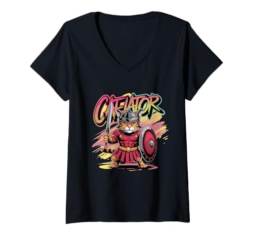 Damen Cat Gladiator Epic Warrior Katzenliebhaber T-Shirt mit V-Ausschnitt Damen Cat Gladiator Epic Warrior Katzenliebhaber T-Shirt mit V-Ausschnitt von Feline Gladiator Warriors Bold Cat Art