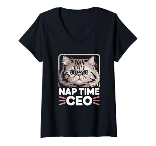 Damen Nap Time CEO Lustige persische Katze Büro Humor T-Shirt mit V-Ausschnitt Damen Nap Time CEO Lustige persische Katze Büro Humor T-Shirt mit V-Ausschnitt von Feline Humor Cat Lover Office Nap Boss Meme