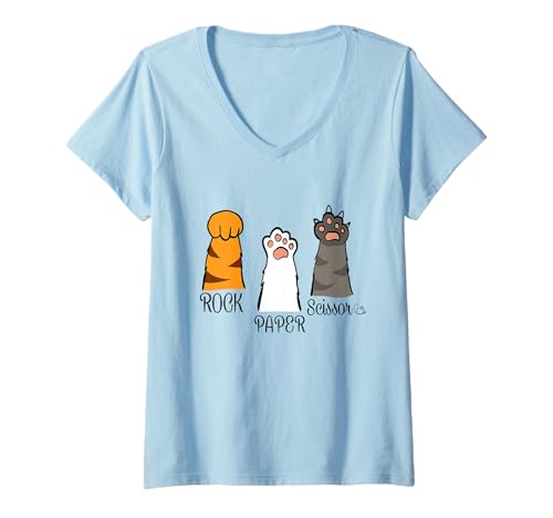 Damen Rock Papierschere Katzenpfote Humor T-Shirt mit V-Ausschnitt Damen Rock Papierschere Katzenpfote Humor T-Shirt mit V-Ausschnitt von Feline Humor Cat Lovers Fun Paws Play