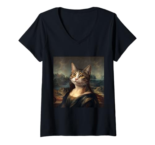 Damen Mona Lisa inspiriertes Katzenporträt im Renaissance-Stil T-Shirt mit V-Ausschnitt Damen Mona Lisa inspiriertes Katzenporträt im Renaissance-Stil T-Shirt mit V-Ausschnitt von Feline Masterpiece Co