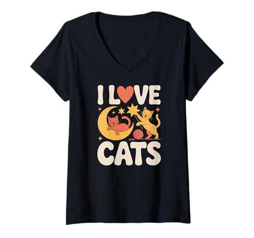 Damen I Love Cats Moon Stars Garn Schnurrhaare T-Shirt mit V-Ausschnitt Damen I Love Cats Moon Stars Garn Schnurrhaare T-Shirt mit V-Ausschnitt von Feline Moon Magic Whiskers Playful Dreams