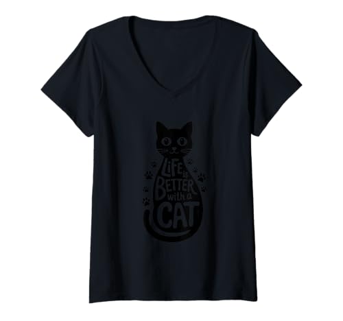 Damen Das Leben ist besser mit einer Katze — Glück T-Shirt mit V-Ausschnitt Damen Das Leben ist besser mit einer Katze — Glück T-Shirt mit V-Ausschnitt von Feline Wisdom Inspiration Statement