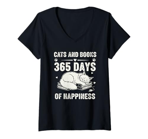 Damen Leseliebhaber, Motiv „Katzen und Bücher“, Vintage-Grafik T-Shirt mit V-Ausschnitt Damen Leseliebhaber, Motiv „Katzen und Bücher“, Vintage-Grafik T-Shirt mit V-Ausschnitt von Feline & Fiction Merch