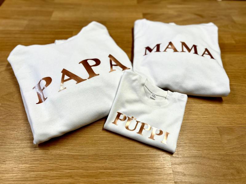 Mama + Papa Mini 3Er Hoody Set/Personalisierte Mama & Papa Hoodys Geschenk Vater/ Dad Mom Kapuze Pullover Familie Baby Weiß von FelinusDruck