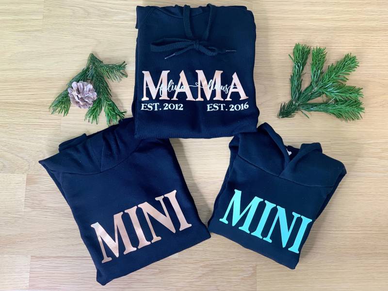 Mama +2x Mini 3Er Hoody Set/Personalisierte Mama & Papa Hoodys Geschenk Vater/ Dad Mom Kapuze Familie Schwarz von FelinusDruck