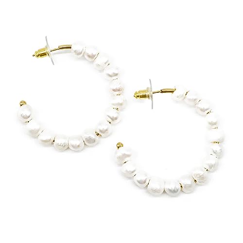 Feliss Creolen Gold goldene Ohrringe Damen mit Perlen Perlenohrringe aus Süßwasserperlen große Kreolen mit Stecker Verschluss Earrings aesthetic Rund von Feliss