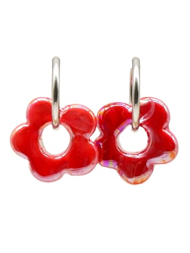 Feliss Creolen Silber Blumen Ohrringe mit Keramik Blume kleine Hoop Earrings 80er Jahre Edelstahl Creole mit Anhänger Boho Schmuck Damen Modeschmuck Y2k Accessoires hängend von Feliss