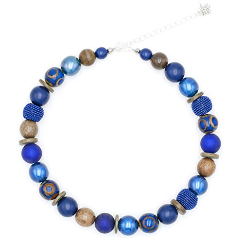 Feliss Handmade: Ketten aus Perlen, Halskette Damen. Statement Kette 45 cm lang in Boho Style. Choker Halsband, aesthetic Necklace Schmuck. Beads Perlenkette für Frauen in blau mit Holzperlen von Feliss