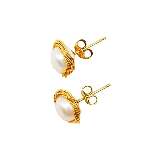 Feliss Ohrringe gold Perlenohrringe Stecker rund aus echten Süßwasserperlen kleine Ohrstecker Perlen Damen golden earring nickelfrei Hochzeit Schmuck von Feliss