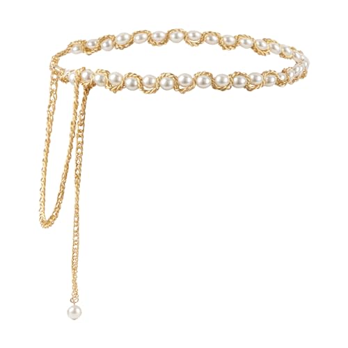 Frauen künstliche Perlen Skinny Metall Taillengürtel Kleid Bluse Kette, Große künstliche Perlen, Medium von Felite Fnn