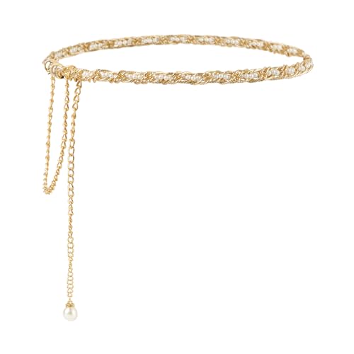 Frauen künstliche Perlen Skinny Metall Taillengürtel Kleid Bluse Kette, Kleine künstliche Perlen, Medium von Felite Fnn