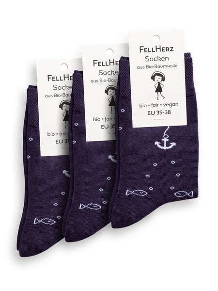 FellHerz 3er Pack Socken mit Bio-Baumwolle Anker dunkelblau von FellHerz