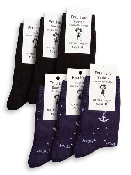 FellHerz 6er Pack Socken mit Biobaumwolle Anker dunkelblau und schwarz von FellHerz