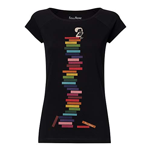 FellHerz Damen T-Shirt Books Girl Schwarz Bio Fair und Vegan (XXL) von FellHerz