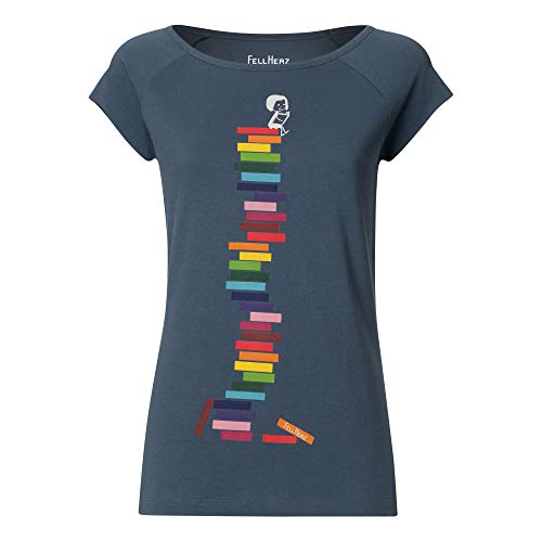 FellHerz Damen T-Shirt Books Girl Bio und Fair (Graublau, XL) von FellHerz