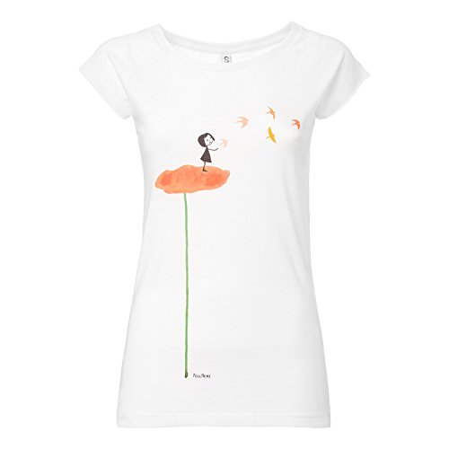 FellHerz Schwalbenzug weiß - L - süßes Damen T-Shirt aus 100% Bio-Baumwolle Organic Cotton fair nachhaltig alternativ orange Blume Vögel Mädchen Fee von FellHerz