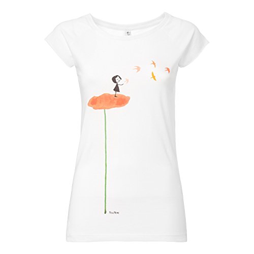 FellHerz Schwalbenzug weiß - M - süßes Damen T-Shirt aus 100% Bio-Baumwolle Organic Cotton fair nachhaltig alternativ orange Blume Vögel Mädchen Fee von FellHerz