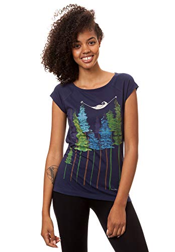 FellHerz Wood dunkelblau - Damen T-Shirt aus 100% Bio-Baumwolle Organic Cotton fair nachhaltig öko Mädchen Fee Wald Bäume Hängematte alternativ (L) von FellHerz