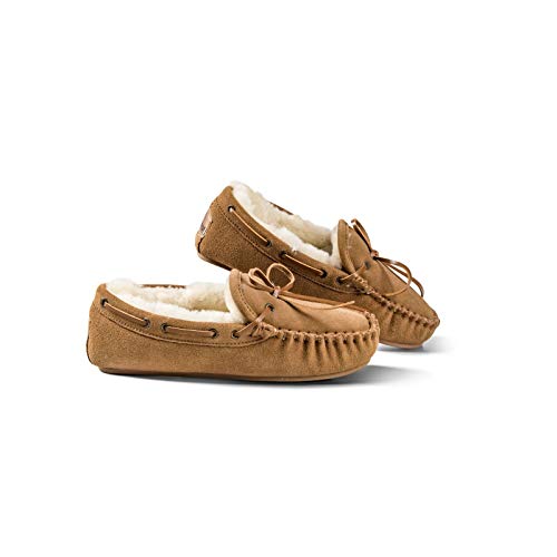 Fellhof Lammfell-Hausschuh Mokassin Dakota Damen Herren Unisex gefütterte Fell-Patschen für Winter-Sommer Hüttenschuhe aus ECHTEM Lammfell Naturprodukt atmungsaktiv warm (braun beige Gr. 40) von Fellhof