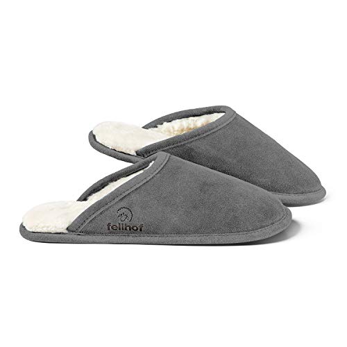 Fellhof Lammfell Hausschuh TRENDY Damen Herren Fell Pantoffeln für Winter & Sommer Hausschuhe aus ECHTEM Lammfell Naturprodukt atmungsaktiv (44/45 Grey) von Fellhof