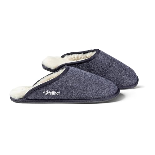 Fellhof Lammfell Hausschuh TRENDY FILZ Damen Herren Fell Pantoffeln mit rutschfester Sohle für Winter & Sommer Hausschuhe aus ECHTEM Lammfell Naturprodukt atmungsaktiv (48/49 blau melange) von Fellhof