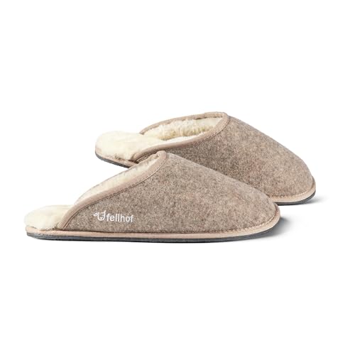 Fellhof Lammfell Hausschuh TRENDY FILZ Damen Herren Fell Pantoffeln mit rutschfester Sohle für Winter & Sommer Hausschuhe aus ECHTEM Lammfell Naturprodukt atmungsaktiv (36/37 beige melange) von Fellhof