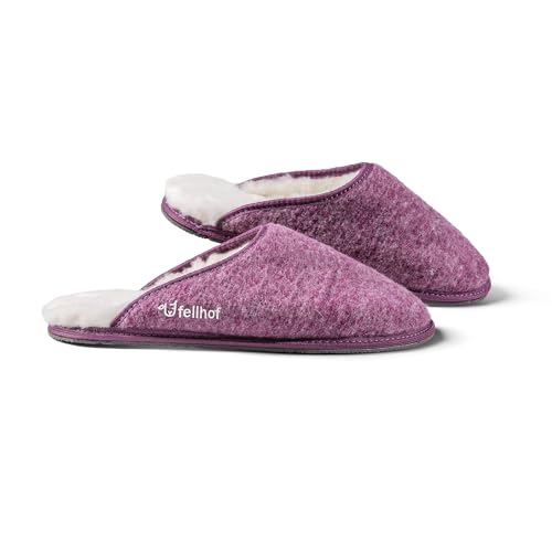 Fellhof Lammfell Hausschuh TRENDY Filz Damen Herren Fell Pantoffeln mit Rutschfester Sohle für Winter & Sommer Hausschuhe aus ECHTEM Lammfell Naturprodukt atmungsaktiv (40/41 violett Melange) von Fellhof