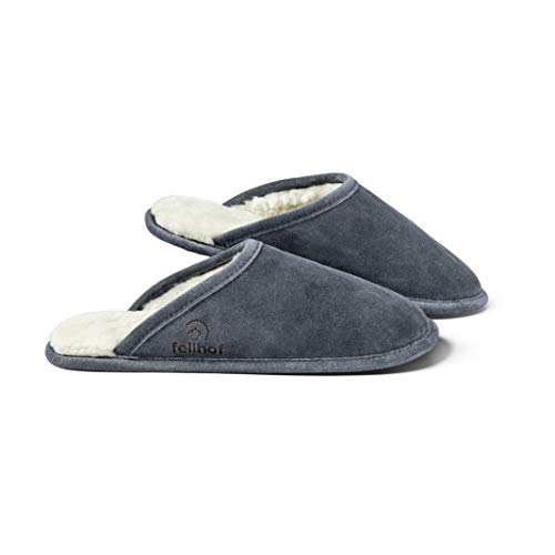 Fellhof Lammfell Hausschuh TRENDY Damen Herren Fell Pantoffeln für Winter & Sommer Hausschuhe aus ECHTEM Lammfell Naturprodukt atmungsaktiv (44/45 Graublau) von Fellhof