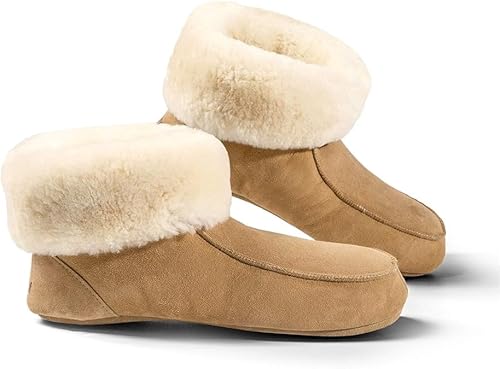 Fellhof handgemachter Hüttenpatschen aus Lammfell Hausschuh Damen Herren Unisex gefüttert Winter-Sommer Hausschuhe Naturprodukt atmungsaktiv (beige Gr. 38) von Fellhof