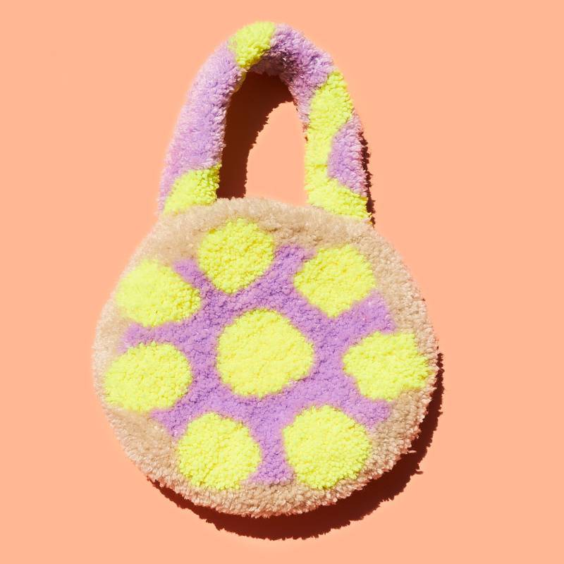 Tufted Runde Handtasche. Top Henkeltasche, Tragbare Kunst, Geschenke Für Frauen, Handgemachtes Geschenk, Neongelb, Lavendel von FemWorldShop